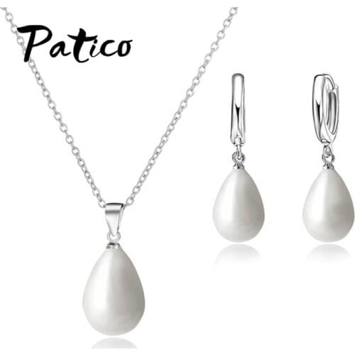 Luxury Water Drop Pearl Necklaces & Pendants Hoop Earrings for Women Bridal Wedding Engagement Jewelry Sets Party Gift Wholesale