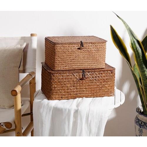 Handmade Woven Storage Basket Wicker Laundry Baskets with Handles Fruit Debris Corn Husk Weaving Desktop Storage Organizer