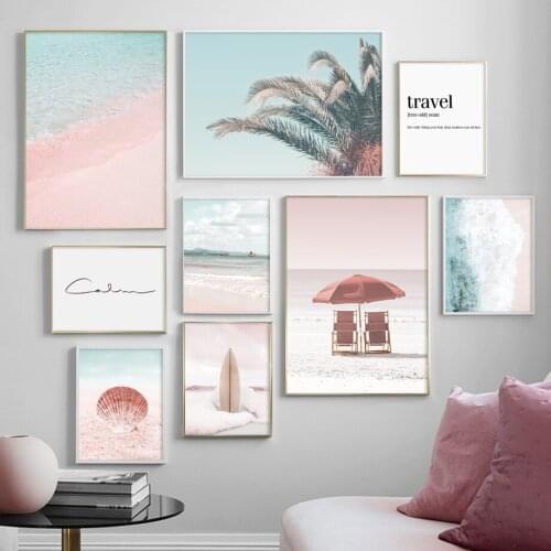 Self-adhesive Wall Stickers Pink Beach Chair Coconut Surfboard Shell Wall Art Nordic Posters Wall Pictures For Living Room Decor