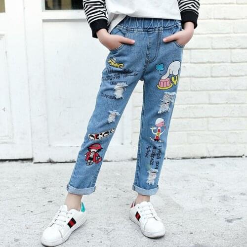 Girls Pants Spring New Trend Cartoon Big Kids Finger Print Jeans Casual Kids 3-12 Baby Clothes