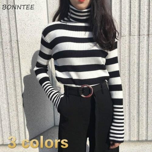 Turtleneck Sweaters Women Long Sleeve Teens Knitwear Stylish Harajuku Thicker Daily Retro Simple Vintage Knitted All-match Basic