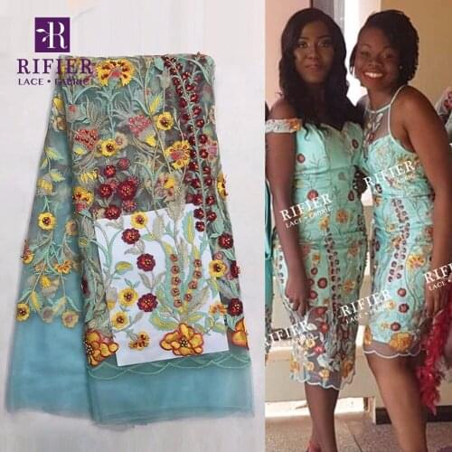 Sky Blue Color African French Tulle Net Beads Lace Fabric With Flower Embroidered Guipure Design Brocade Women Wedding Fabrics