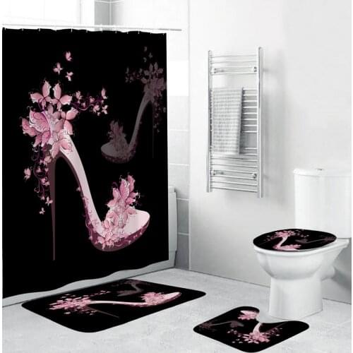 Pink High Heels Pattern Bathroom Curtain Set Black Shower Curtains with Hooks Non-Slip Rugs Toilet Lid Cover Bath Mat Carpet Set