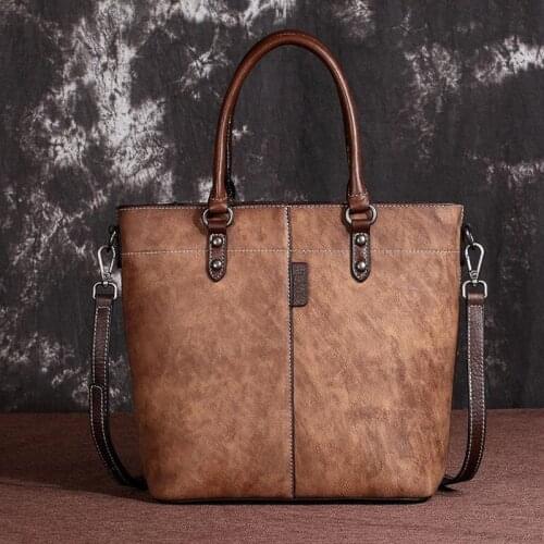 Retro Women Bucket Tote Bag 2021 Winter Leisure Genuine Leather Handbag Large Capacity Solid Color Shoulder Messenger Bags Bolsa