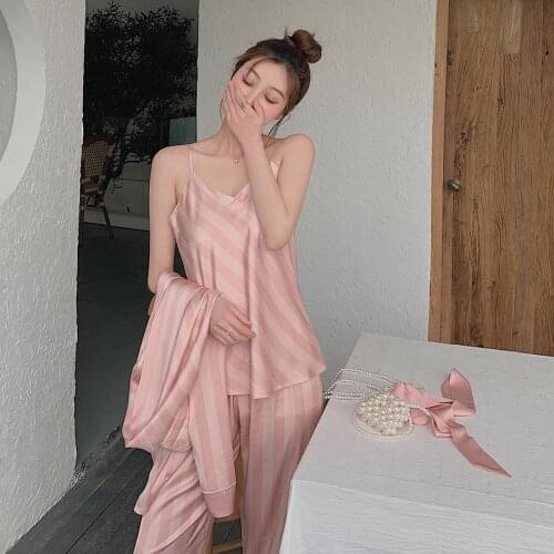 Sweet pink satins ice Silk 3-piece robe gown sets women sleepwear Korea sexy Striped Spaghetti straps robes suits women 99137