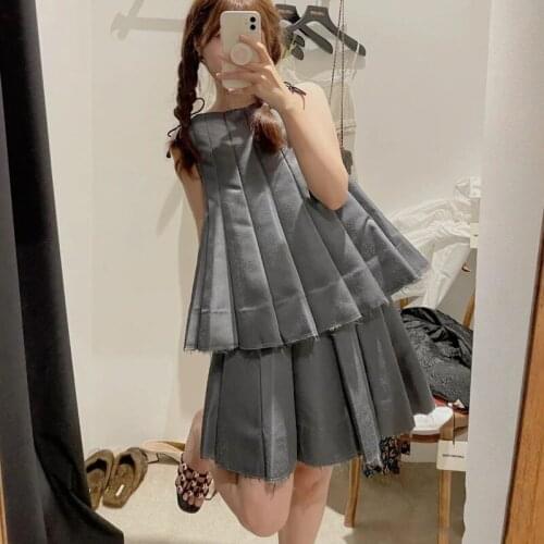 Street High Chest Line Bowknot Raw Edge Pleated Sling Top Women Pleated High Waist A-Line Skirt Fall Korean Black Chic Set 2021