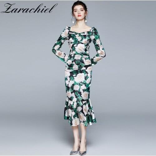 Runway Floral Print V Neck Ruffles Mermaid Dress Women Satin Green Puff Sleeve V Back Ruched Dress Female Midi Bodycon Dress