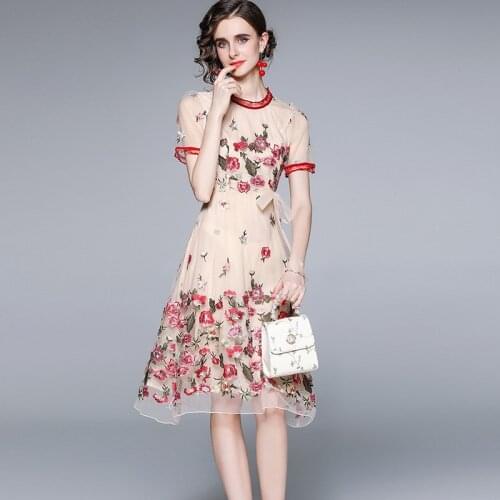 JSXDHK 2021 Summer Women O Neck Dress Elegant Designer Mesh Floral Embroidery Short Sleeve Ladies Lace Up Wedding Party Dresses