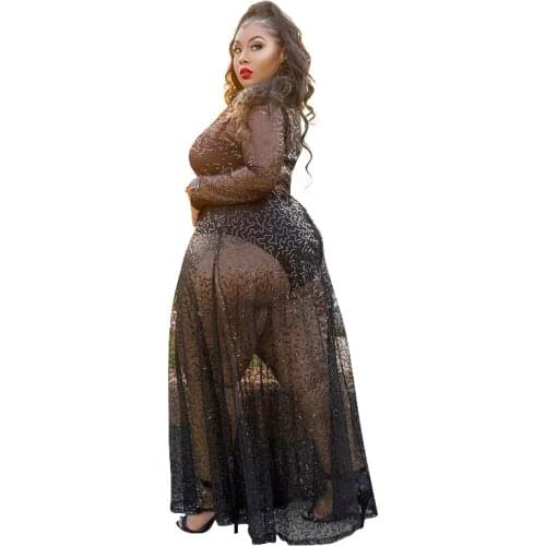 Autumn Women Plus Size Dress Hollow Out V-neck Long Sleeve Sexy Transparent No Inner Ride Ladies Maxi Dress