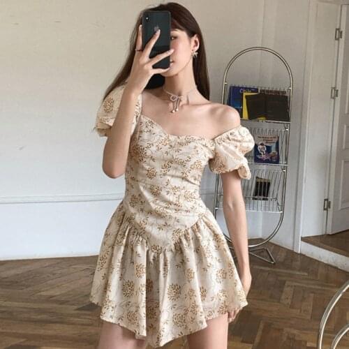 Fashion French Vintage Sexy Square Collar Lantern Sleeve Mini Party Dress Ladies Elegant Coffee Break Casual Floral Beach Dress