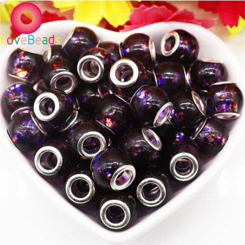 10 Pcs Color Flower Glass Big Hole Silver Plated Round Spacer Beads Charms fit Pandora Bracelet Necklace for Women DIY Jewelry