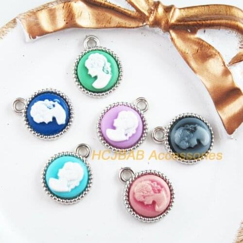 24 New Round Charms Tibetan Silver Tone Retro Beauty Mixed Resin Pendants 15.5x19mm