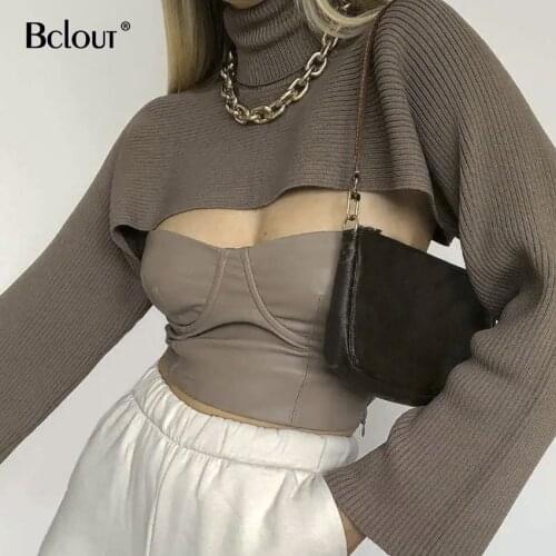Bclout 2021 Sexy Chic Crop Top Women Shirt Casual Stand Collar Pullover Knit Tops Oversize Long Sleeve Sweater Lady Streetwear