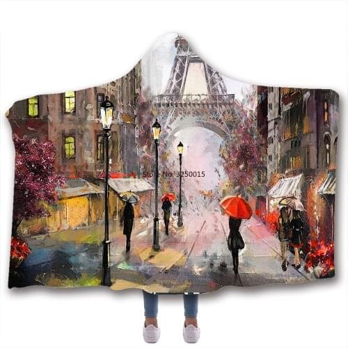 Eiffel Tower Paris Print Hooded Blanket Fleece Blankets And Throws Blankets For Beds Double Layered Velvet Wearable Soft Blanket
