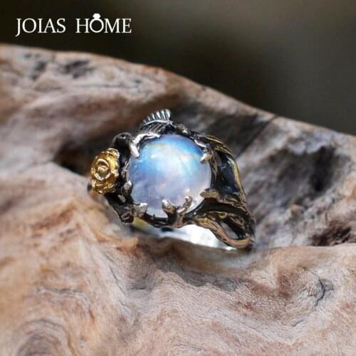 JoiasHome 925 sterling silver womens ring vintage rose gold separation tree leaf natural moonstone Thai silver jewelry gift