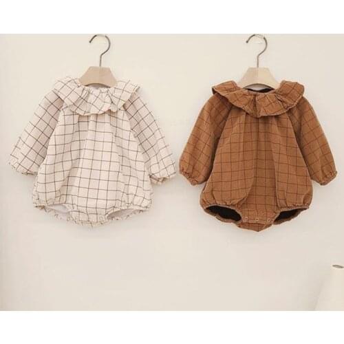 0-2Yrs Baby Boy Girl Lotus Leaf Collar Grid Romper Spring Baby Long-sleeve Fashion Infant Cotton Clothes Baby Boy Girl Rompers