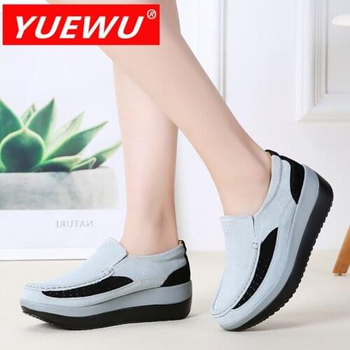YUEWU Genuine Leather Thick Base Heightening Set Foot Ladies Shoes Round Head Color Matching Muffin Bottom Fashion Essential