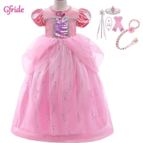 Princess Girls Summer Rapunzel Costume For Sequined Short Puff Sleeve For Kids Christmas Party Ball Gown Halloween Clothing