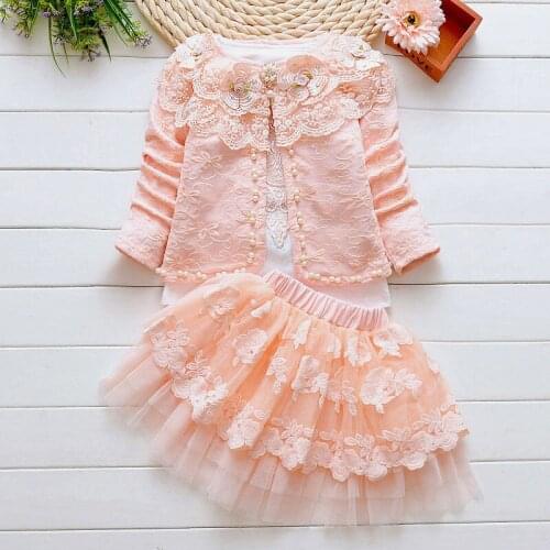 Lovely Kids Girls Clothing Sets 3pcs Short Outwear Jacket+Long Sleeve Shirt+Skirts New Spring Autumn Toddler Girls Suits