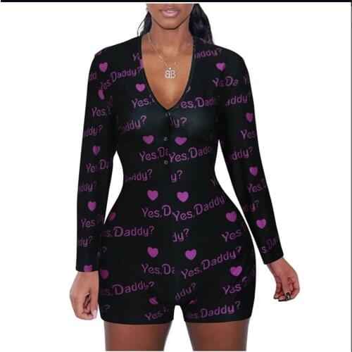 2021 Hot Sale Womens Elastic Waist Sleepwear Bedtime Holiday Nightwear Oneise Yes Daddy Print Pajamas Onesies Jumpsuit