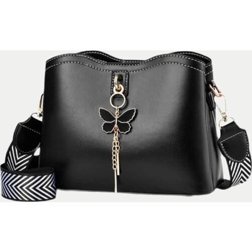 Fashion Bucket Shape Shoulder Bags For Women Solid Color PU Leather Crossbody Bag Butterfly Pendant Messenger Handbag Purse