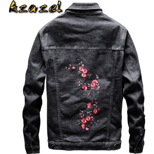 England Style Men 's Jeans Jackets Streetwear Cowboy Jeans Coats Black Color 3D Flower Embroidery Pattern Men Denim Jacket C1730
