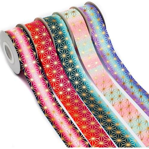 New Charm Kimetsu No Yaiba Purple Flower Foil Gold Grosgrain Ribbon 50 Yards 38mm Printed for Diy Hair Bow