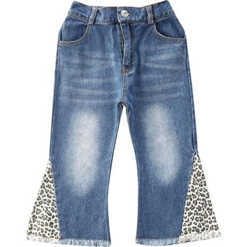1-6Y Summer Fashion Infant Kids Girls Pants Denim Blue Leopard Print High Waist Flare Pants Trousers