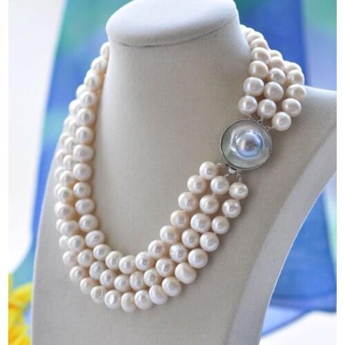 P7097 3Row 18" 11mm White Round Freshwater Pearl Choker Necklace Mabe