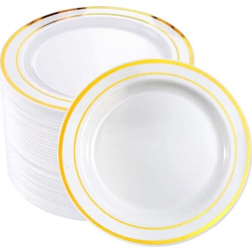 20-Piece Plastic Plate W ith Golden Rim-7.5 in (19.1 cm) Golden Disposable Salad Dessert Plate-Perfect for Weddings and Parties