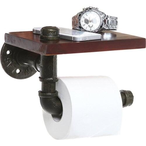 Bathroom Shelves Industrial Retro Iron Toilet Paper Holder Bathroom Hotel Roll Paper Tissue Hanging Rack Wooden Shelf Holder