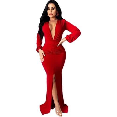 Sexy V-neck Ruched High Split Bodycon Dress Celebrity Night Club Evening Party Dresses Floor Length Long Maxi Dress Robe Femme