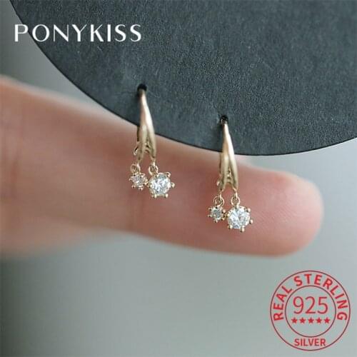 PONYKISS Trendy S925 Sterling Silver Round Glossy Zircon 14K Gold Hoop Earrings For Women Cute Fine Jewelry Drop Shipping