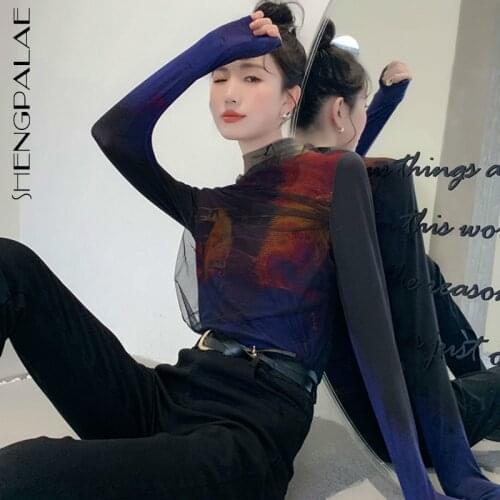 SHENGPALAE Mesh Patchwork Top womens spring 2021 new turtleneck Long Sleeve Slim All Match Print Female Clothes 5B1013