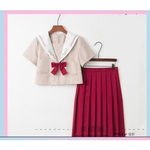 Light Pink Jk School Uniform Cute Girl Daily Sailor Suit Dress Jpanese Kawaii Exquisite Embroidery Bowknot Preppy Suit Top+skirt
