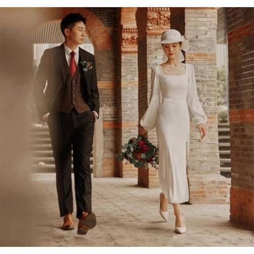 Elegant Slit Wedding Dresses Square Collar Long Lantern Sleeve Soft Satin Bridal Dress Simple White Wedding Gowns for Bride