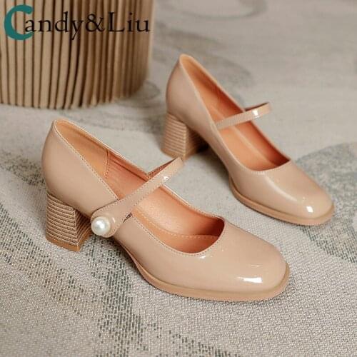 Office Lady Pumps 2021 New High Heels Thick Heels Velcro Bright Patent Leather Round Toe Square Head Buckle Strap Shoes