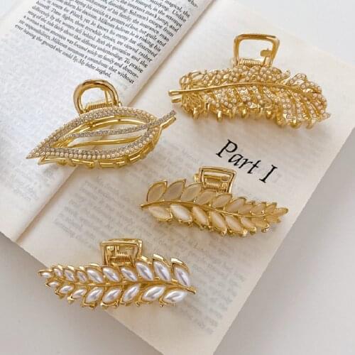 French Style Pearl Crystal Opal Hairpins 2021 Girls Elegant Leaf Shape Hair Clamps Ponytail Hair Claws Beauty Headwear Ornament