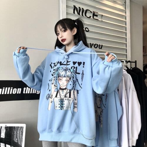 Sky Blue Oversized Hoodie Women Japanese Tops Funny Casual Gothic Autumn Long Sleeve Casual High Street Punk Hoodie Streetwear