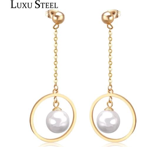 LUXUSTEEL Stainless Steel Gold Color Drop Earring Fashion Imitation Pearl and Circle Pendants For Women/Girl Valentine Gift