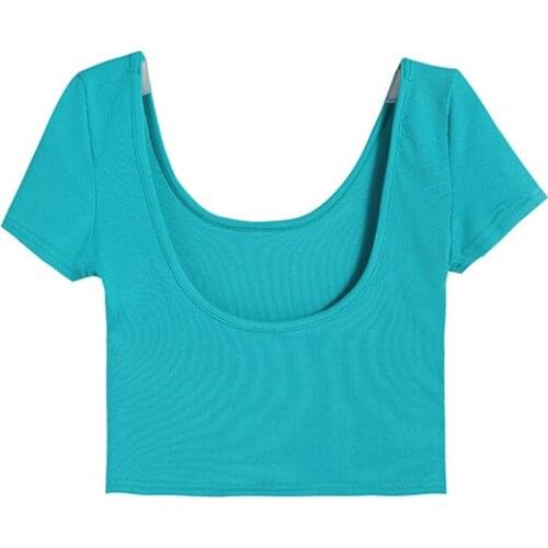 Cotton Short Sleeve U-neck Crop Top Women 2021 Summer Short Base Top Special Design Sexy Solid Slim T-shirt Simple Backless Top