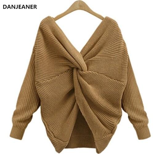 Danjeaner Autumn Winter 4 Colors V Neck Twisted Criss-Cross Sweaters Women Long Sleeve Knitted Jumpers Pullovers Casual Tops