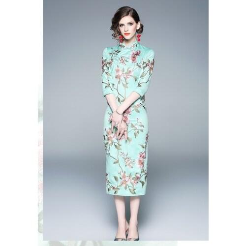 Free shipping autumn original design Chinese style full Peony flower Embroidered big size slim cheongsam dress for women