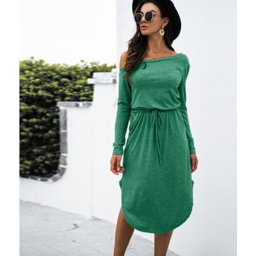 Green Sexy Off Shoulder Midi Dress Lady Solid Casual Dress Slim Drawstring High Waist Pocket Split Asymmetrical Vestidos Autumn
