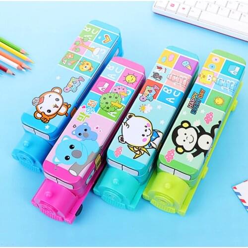 1PC Creative Tiny Train Double-layer Pencil Case With Pencil Sharpener Cartoon Toy Pencil Box For Student Kids Stationery Boxes