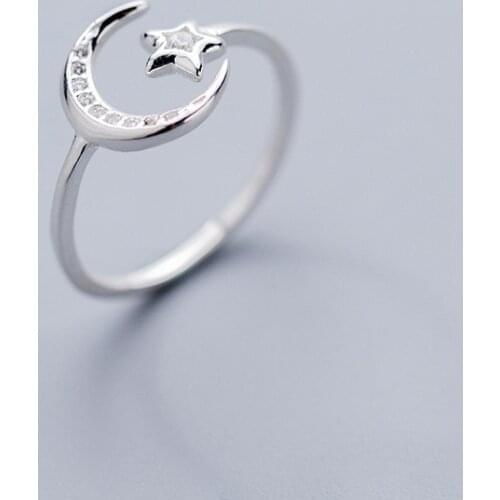 2021 Ladys Five Pointed Star Moon Silver Plated Ring Fashion CZ White Crystal Adjustable Ring Suitable for Girl Party Jewelry