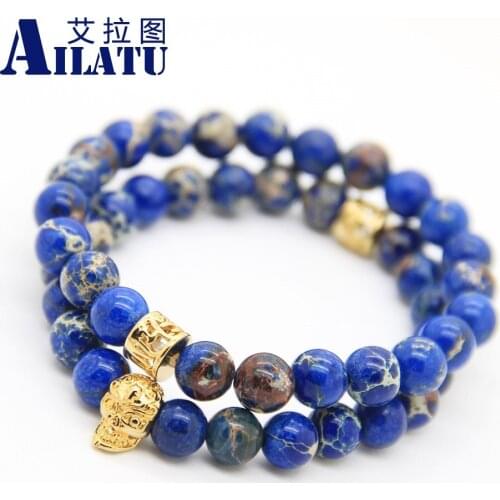 Ailatu Free Shipping Exquisite Nice Gifts 8mm Sea Sediment Imperial Stone Beads With High Grade Plated Skull Bracelet