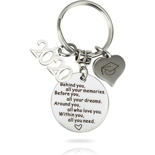 2020 Graduation Season Keychains Letter Printing Key Holder Heart Pendant Stainless Key Ring Steel Craft Ornaments Gift