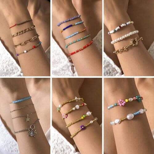 Cosysail 5Pcs/Set Bohemian Multilayer Colorful Acrylic Beads Bracelet Set for Female Flowers Daisy Pearl Chain Bracelet Jewelry