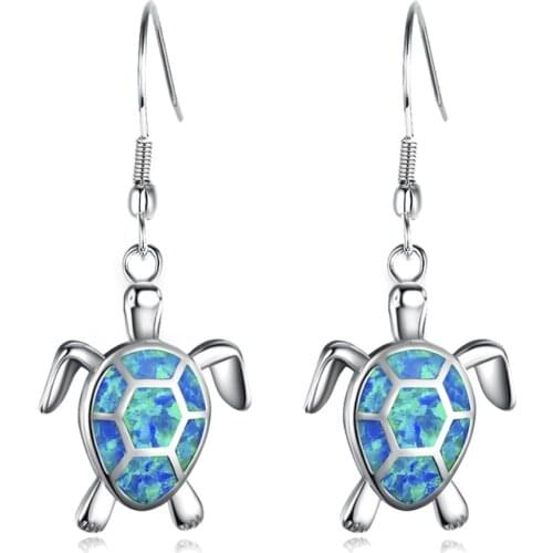 Long Lovely White/Blue Fire Opal Drop Earrings Sterling Silver 925 Filled Animal Turtle Dangle Earrings Jewelry